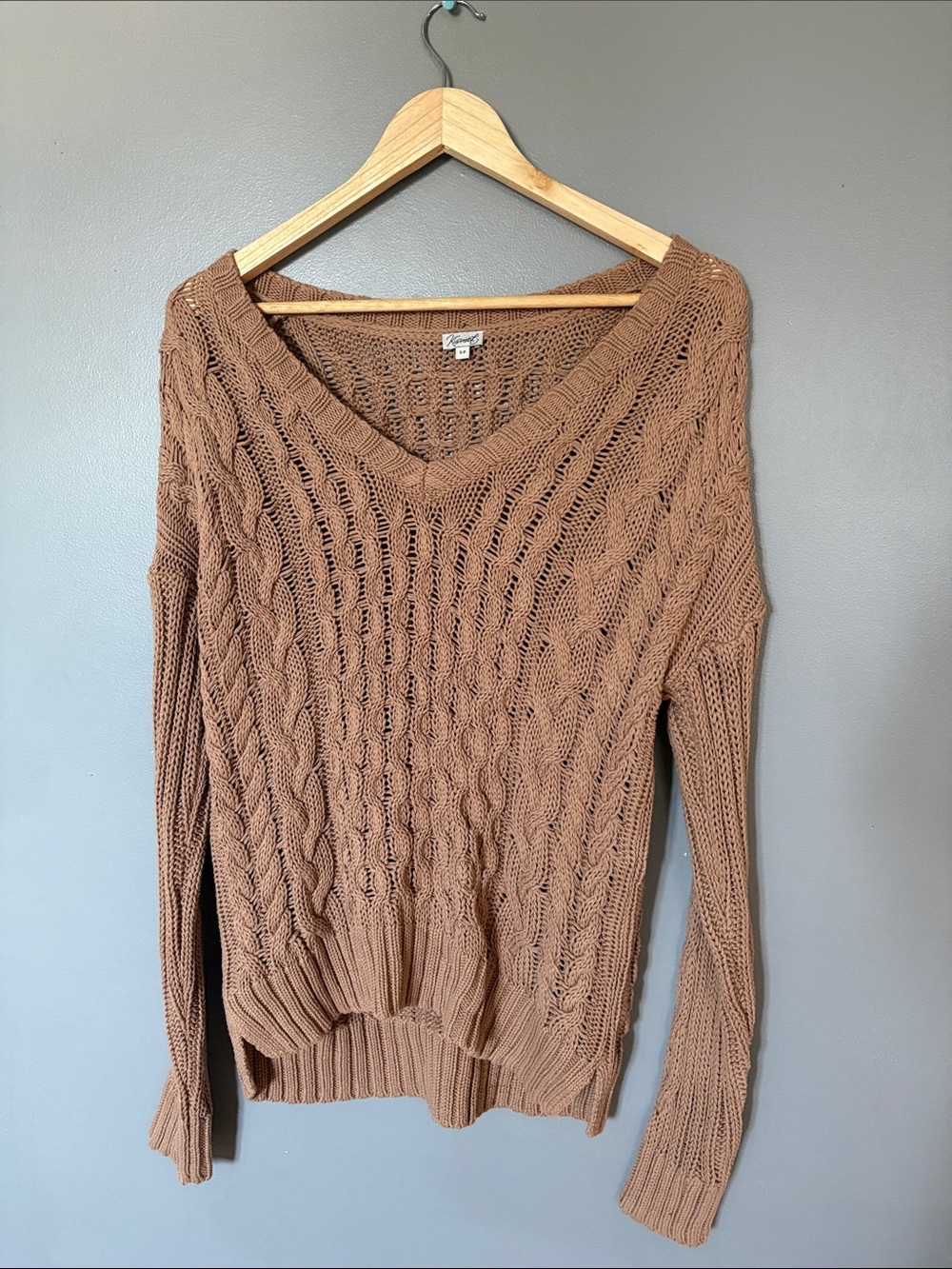 Kismet Off-the-Shoulder Cable Knit Sweater in Brown